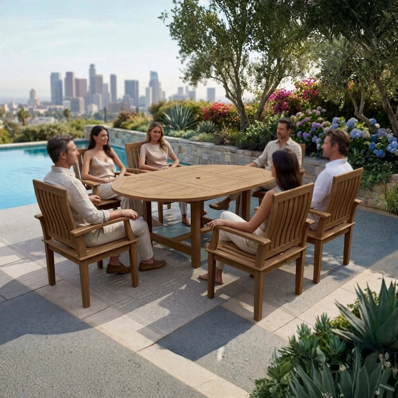 Bahama Brianna 7-Piece Extension Dining Set with oval teak table and six armchairs, poolside overlooking a city skyline