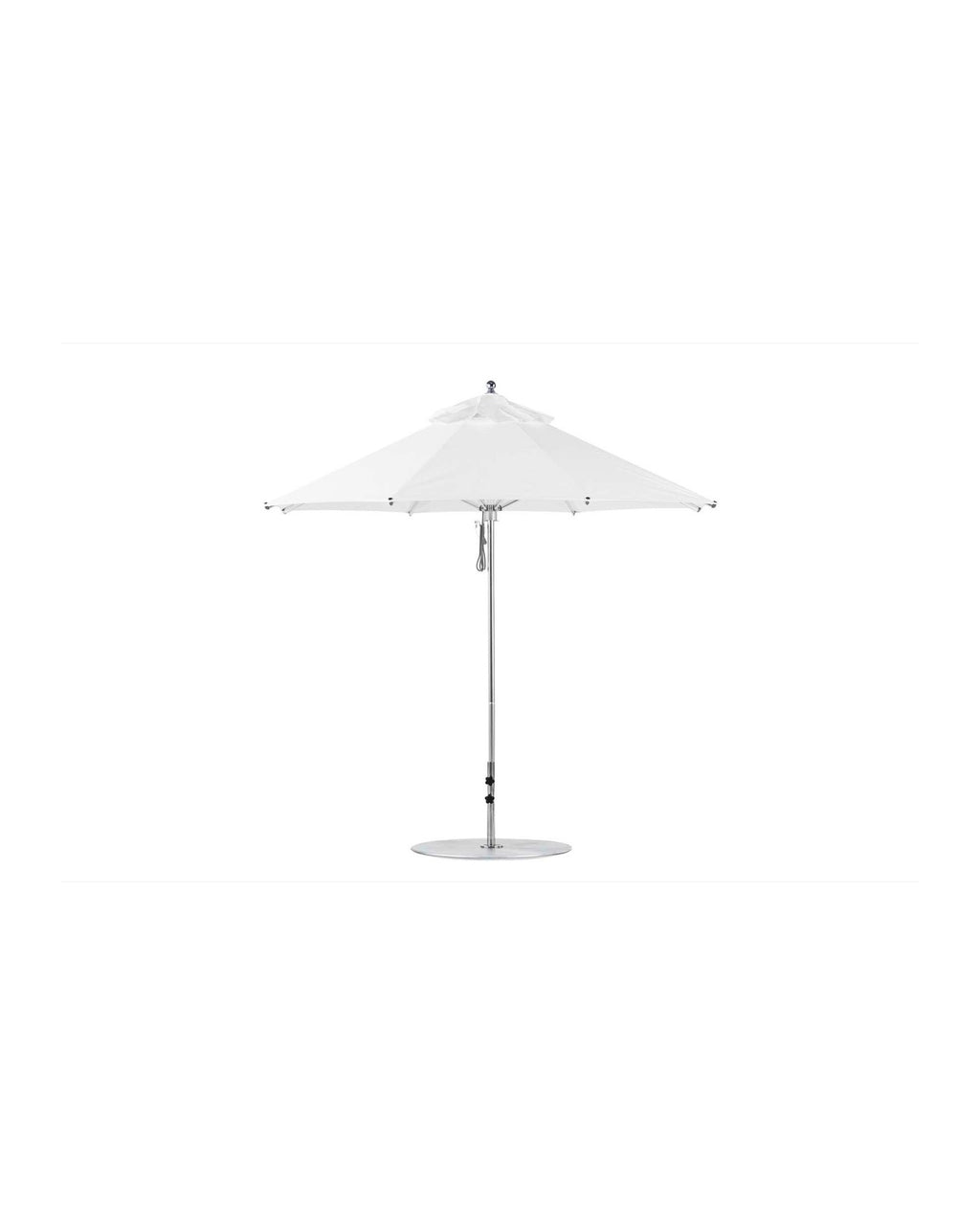 White 9-foot octagon pulley patio umbrella with a silver pole.