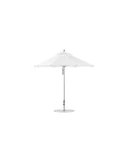 White 9-foot octagon pulley patio umbrella with a silver pole.