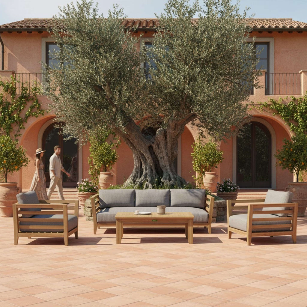 Cordoba four-piece teak deep seating set with sofa, two armchairs and coffee table — Anderson Teak SET-160