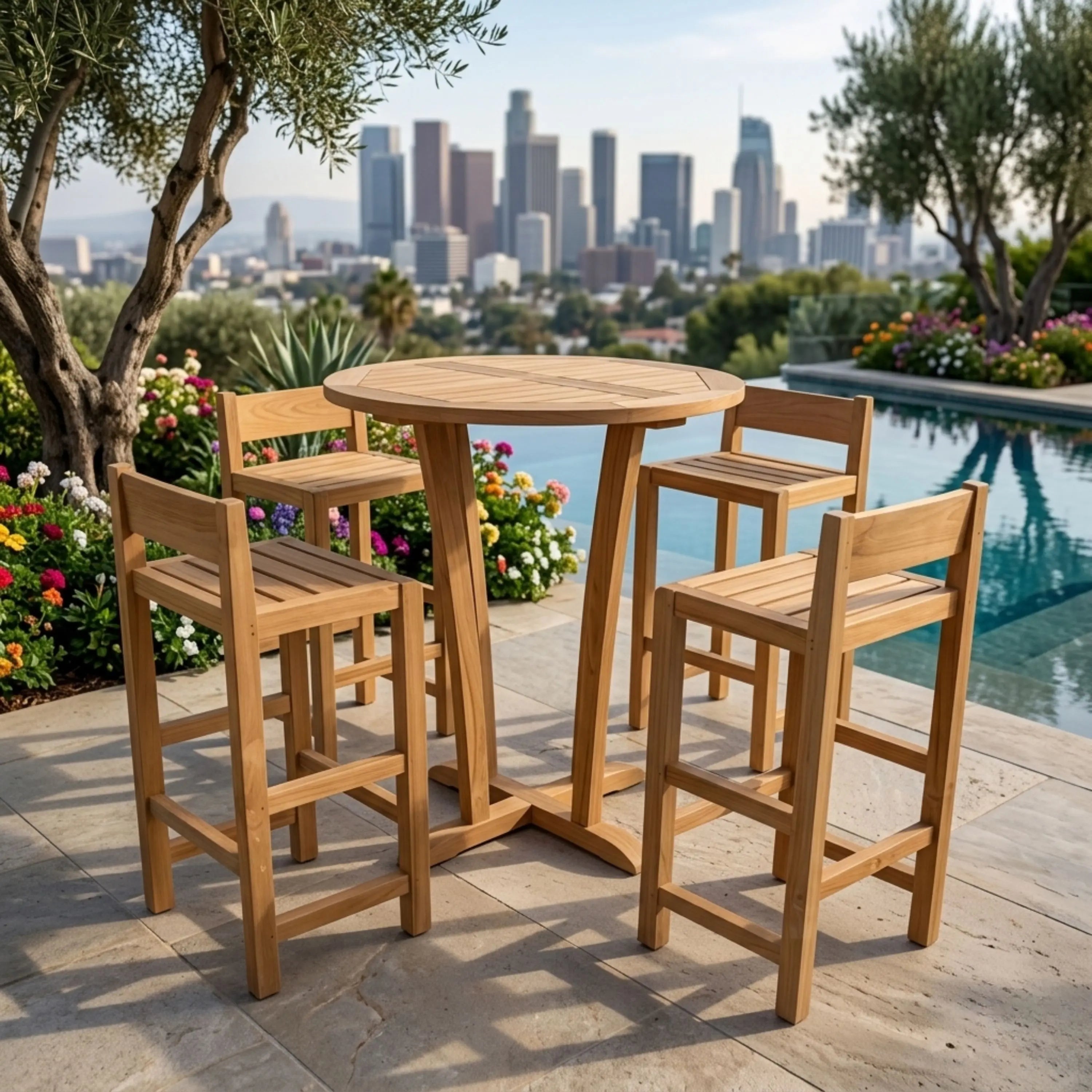 Descanso Sedona teak bar set beside a pool with city view — Anderson Teak SET-290