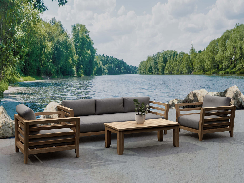 Cordoba four-piece teak deep seating set beside water with representative cushions — Anderson Teak SET-160