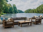 Cordoba four-piece teak deep seating set beside water with representative cushions — Anderson Teak SET-160