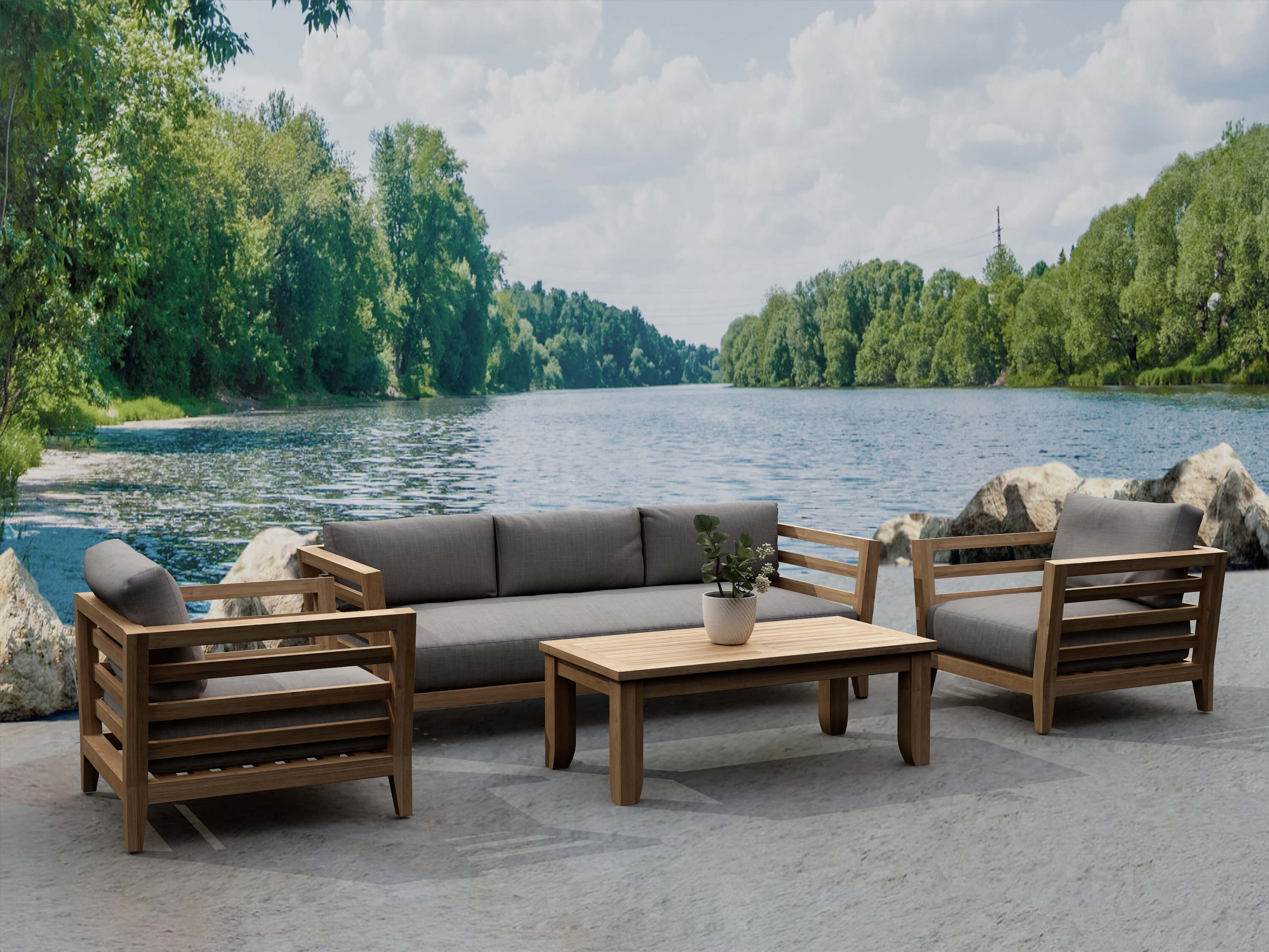 Cordoba four-piece teak deep seating set beside water with representative cushions — Anderson Teak SET-160