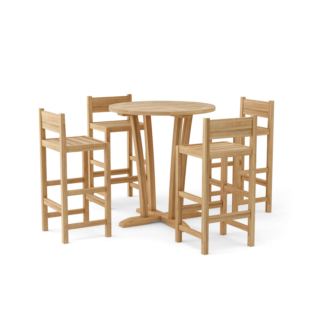Descanso Sedona five-piece teak outdoor bar set with round table and four chairs — Anderson Teak SET-290