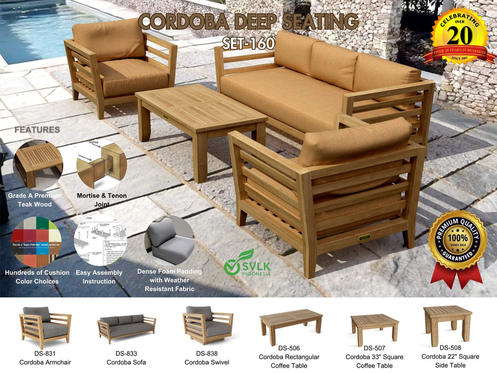 Cordoba deep seating armchair front view with representative cushion — component of Anderson Teak SET-160