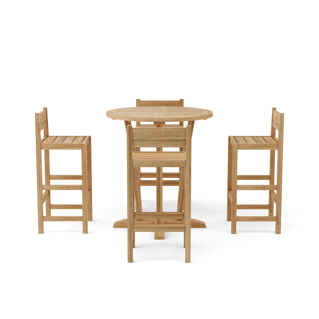 Rear view of Descanso Sedona teak bar set with four chairs — Anderson Teak SET-290