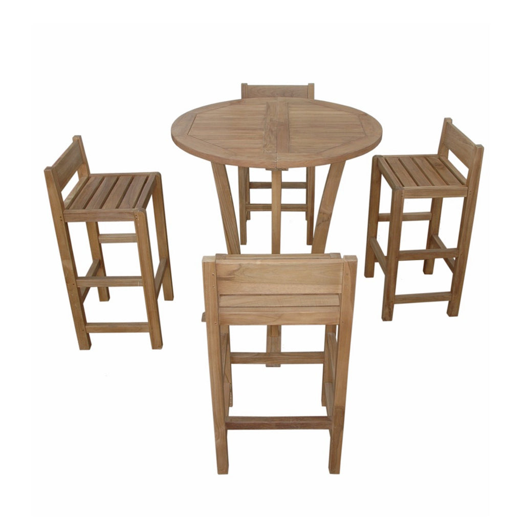 Overhead view of Descanso Sedona round teak bar set and four chairs — Anderson Teak SET-290