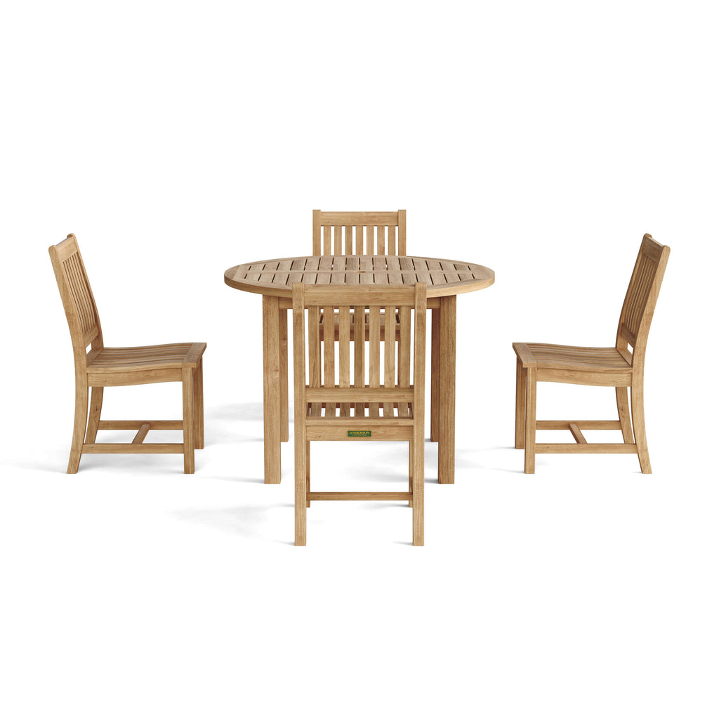 Sommerset five-piece teak dining set with round table and four Rialto chairs on white