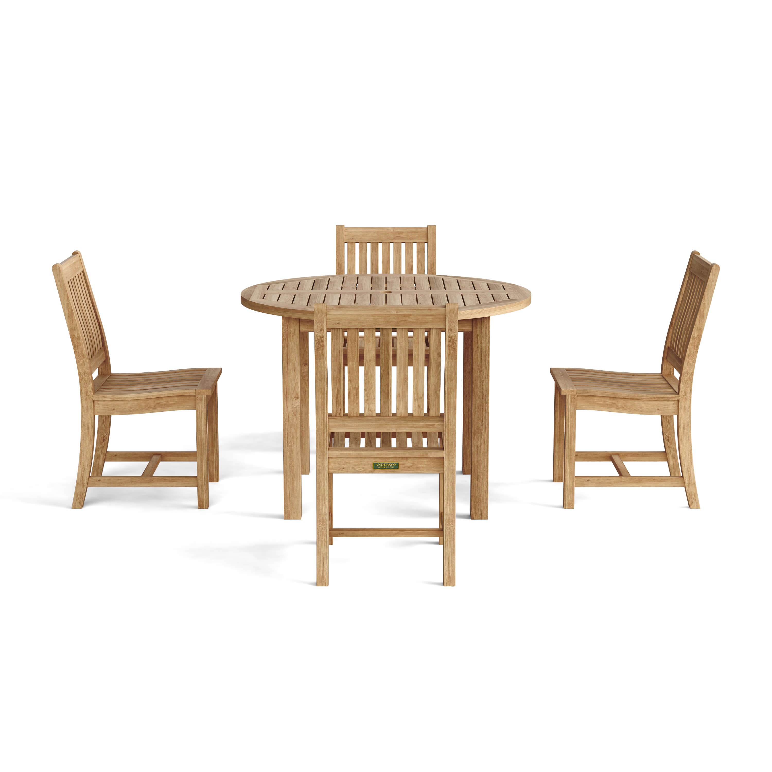 Sommerset five-piece teak dining set with round table and four Rialto chairs on white