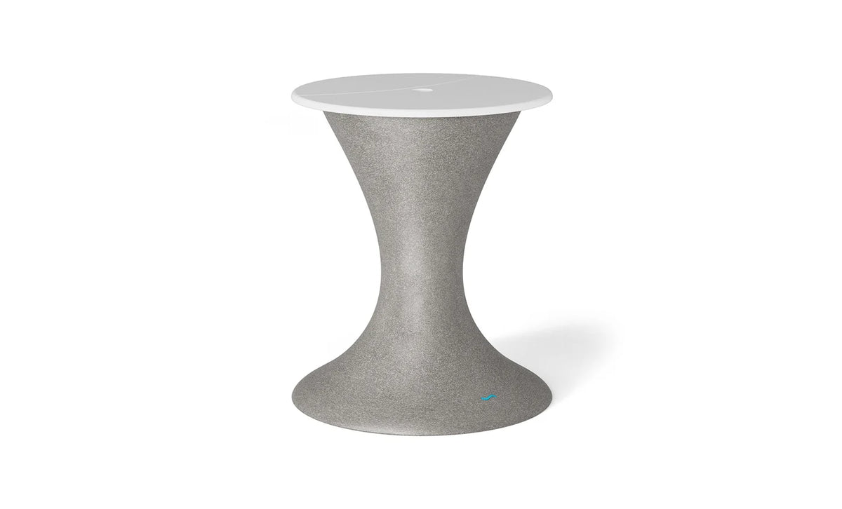 Speckled tan pedestal in-pool umbrella stand with an ice bin and white lid.