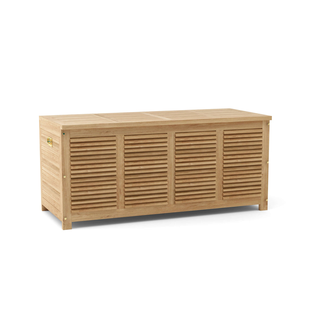 Angled studio view of Amberly teak storage box with closed lid and louvered front
