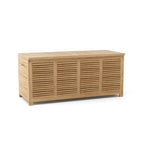 Angled studio view of Amberly teak storage box with closed lid and louvered front