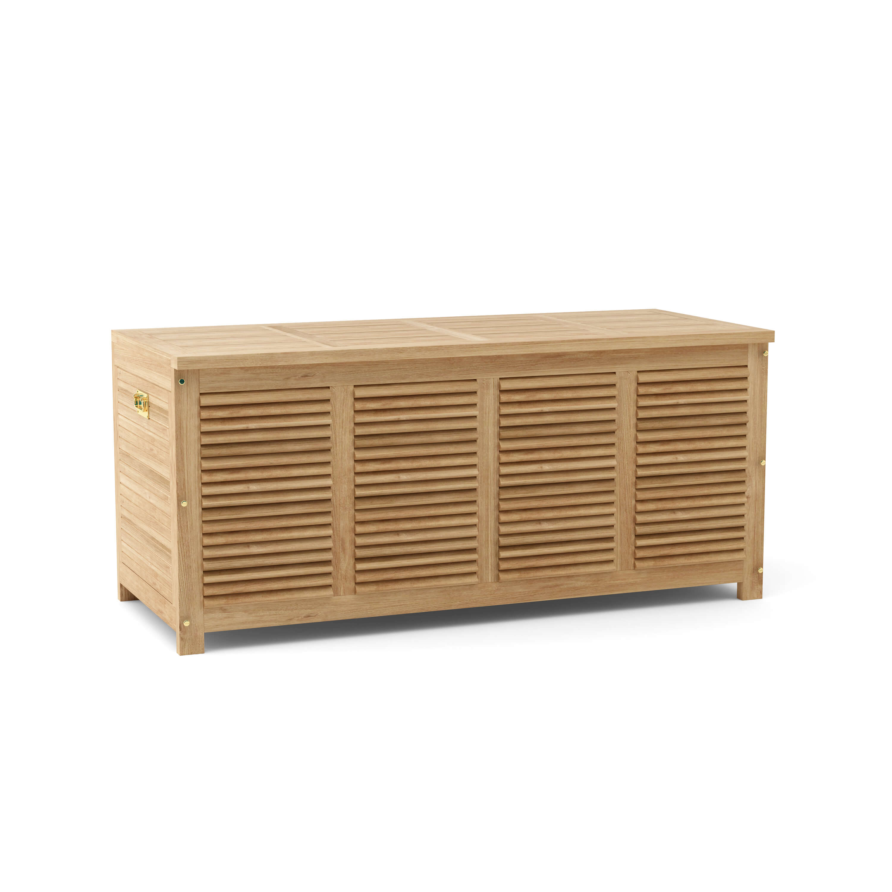 Angled studio view of Amberly teak storage box with closed lid and louvered front