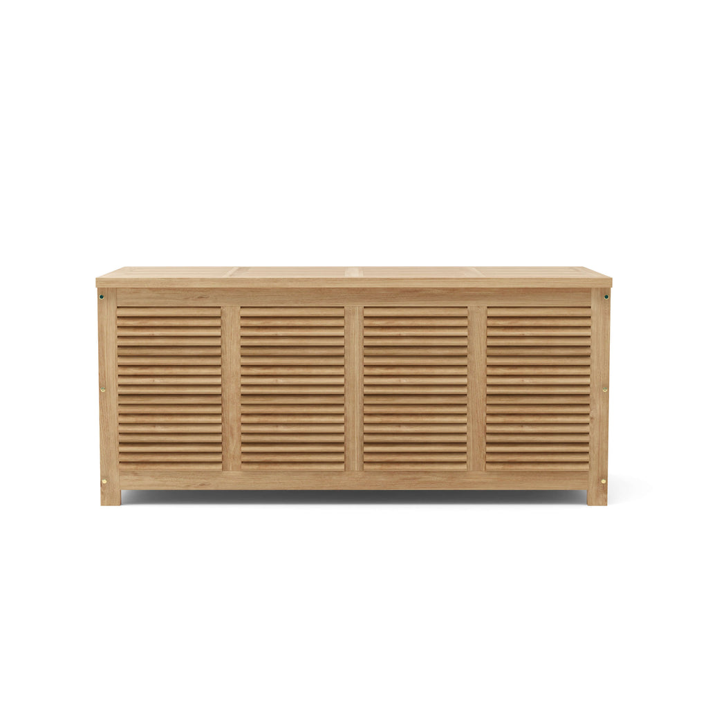 Straight-on studio view of Amberly teak storage box with closed lid