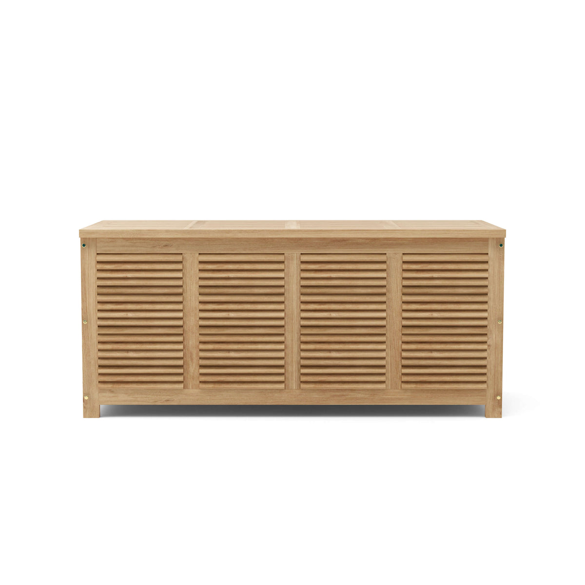 Straight-on studio view of Amberly teak storage box with closed lid