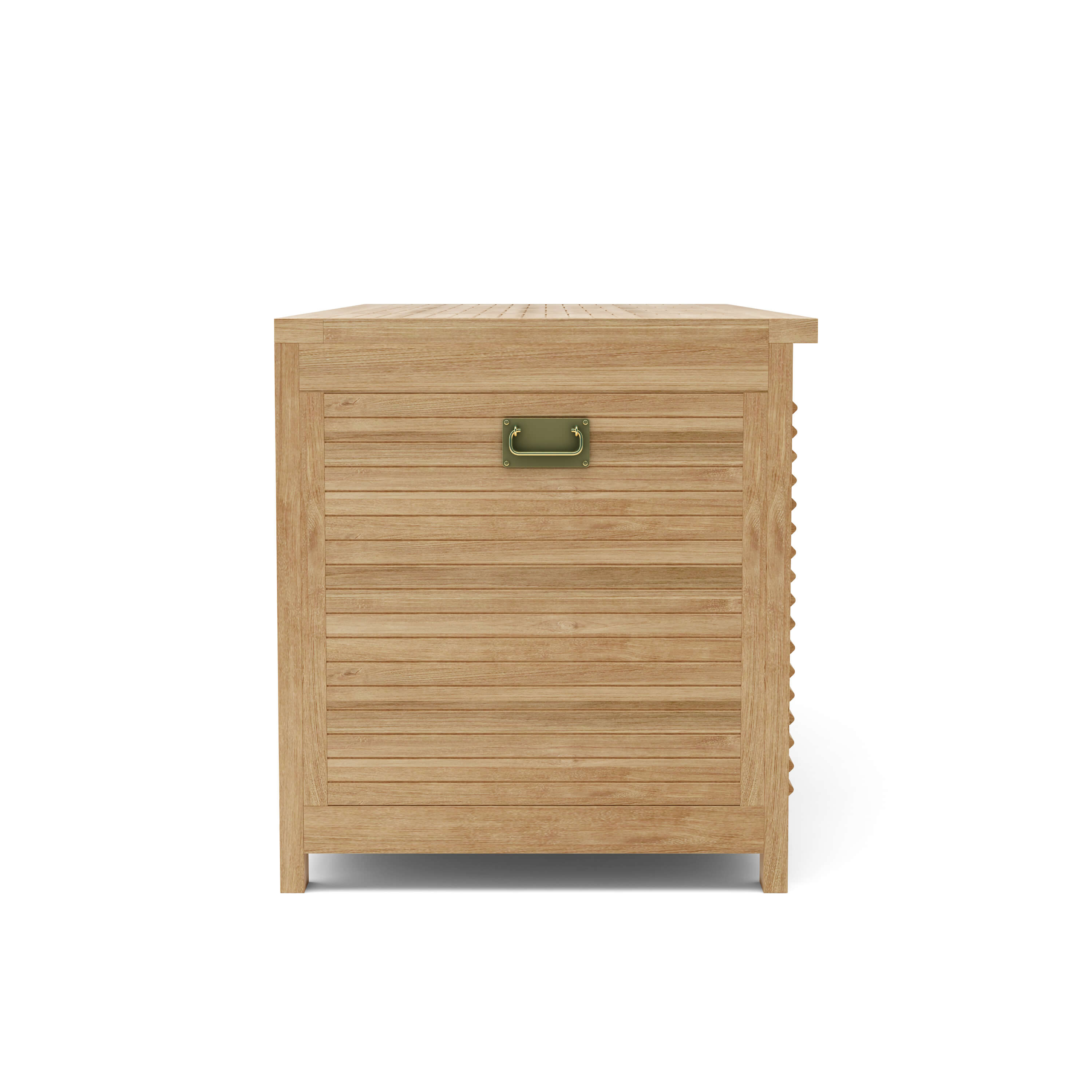 Side view of Amberly teak storage box showing the carrying handle