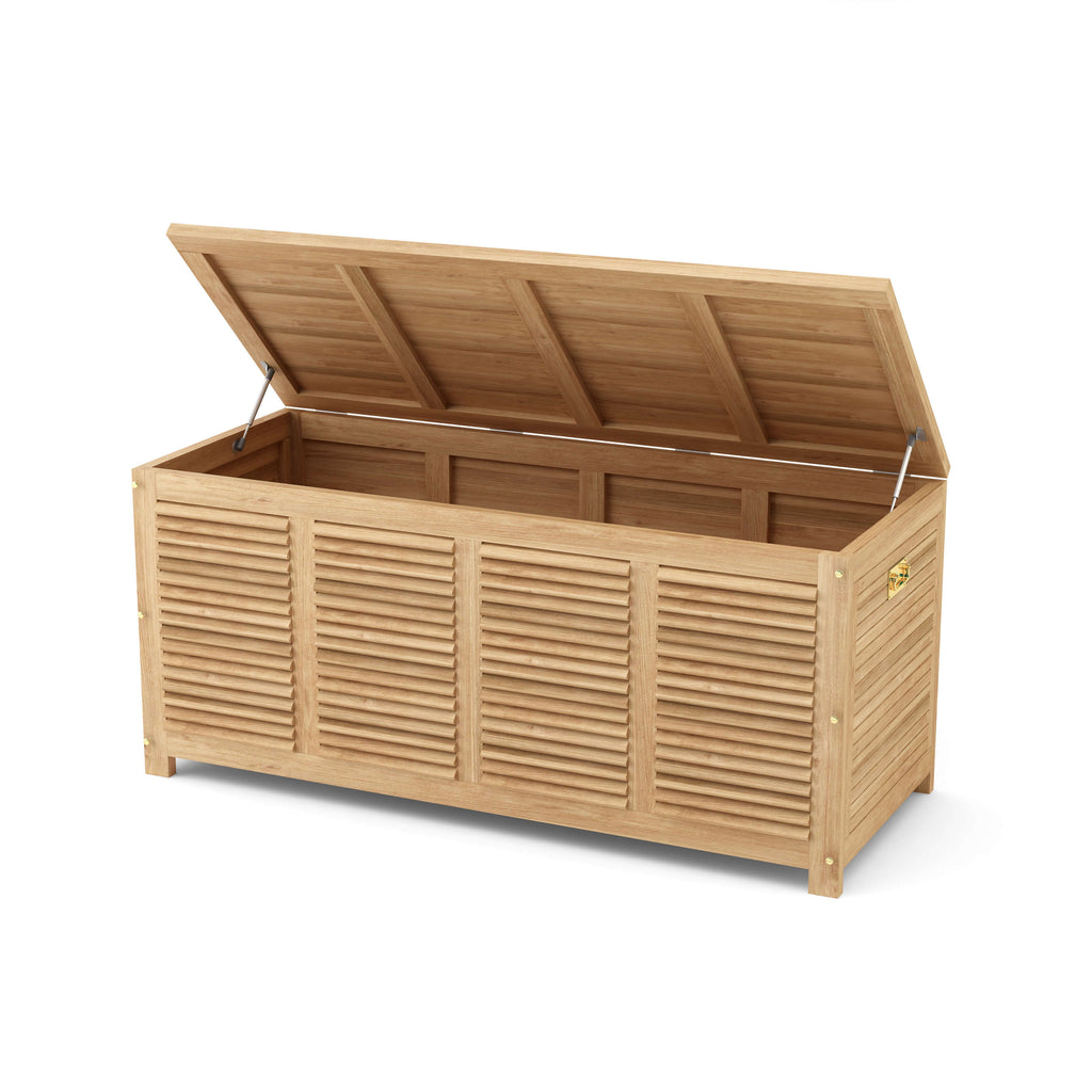 Angled view of Amberly teak storage box with lid raised, showing the interior and lid supports