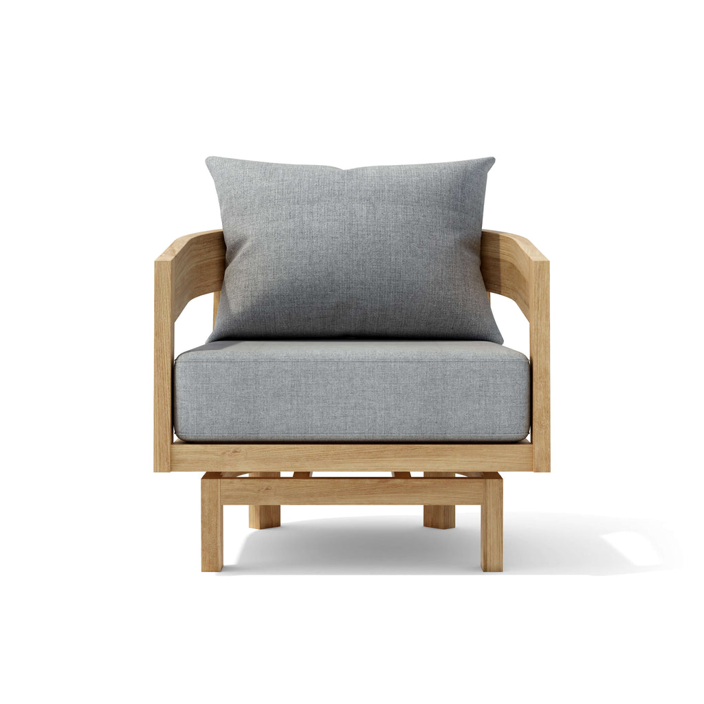 Toscana teak swivel lounge chair with gray cushions included with Set 371, straight-on view