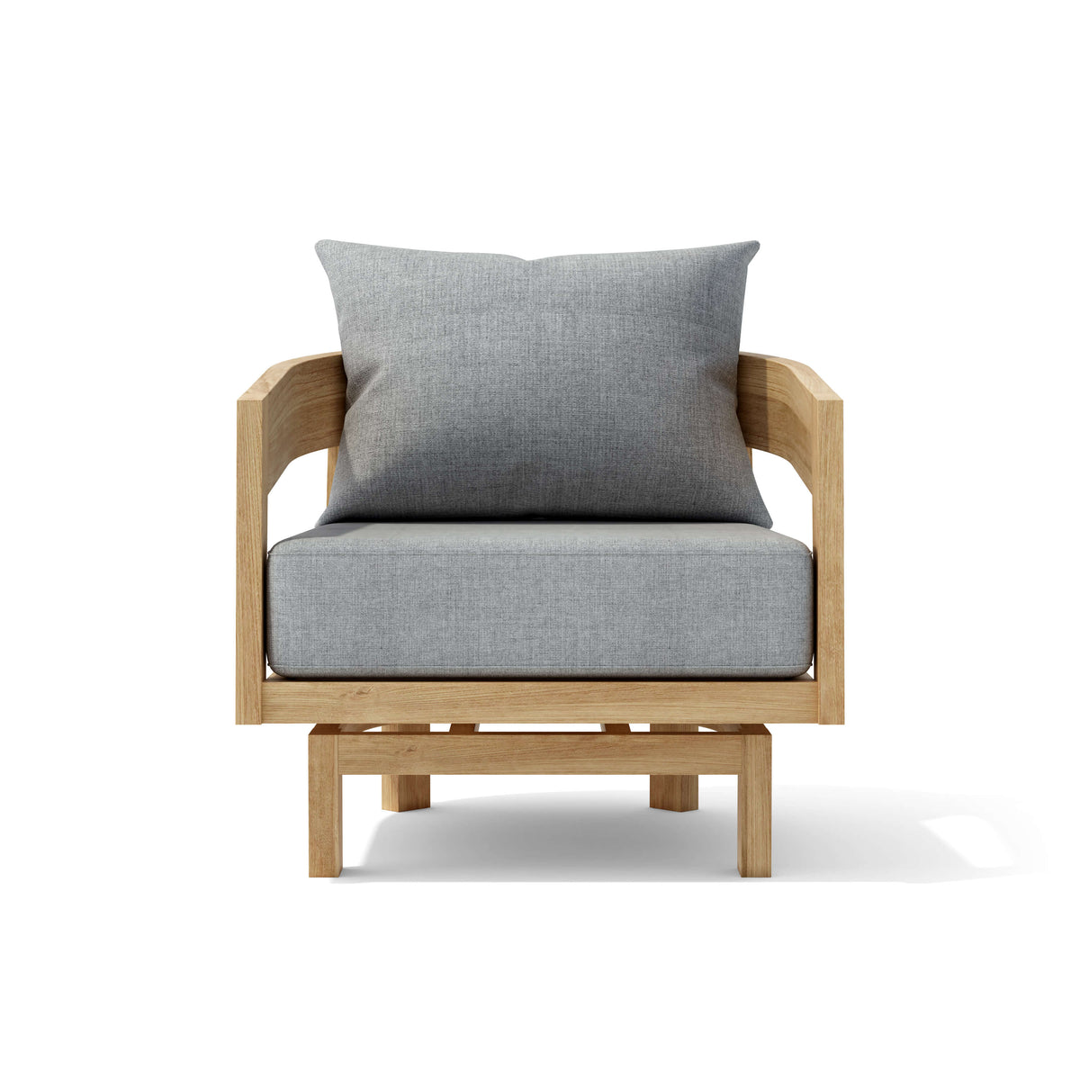 Toscana teak swivel lounge chair with gray cushions included with Set 371, straight-on view