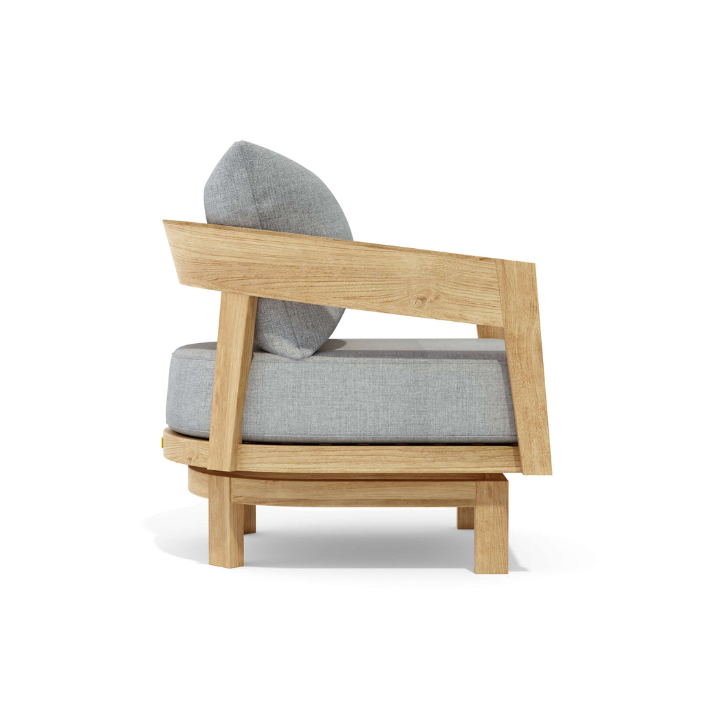 Toscana teak swivel lounge chair with gray cushions included with Set 371, side view