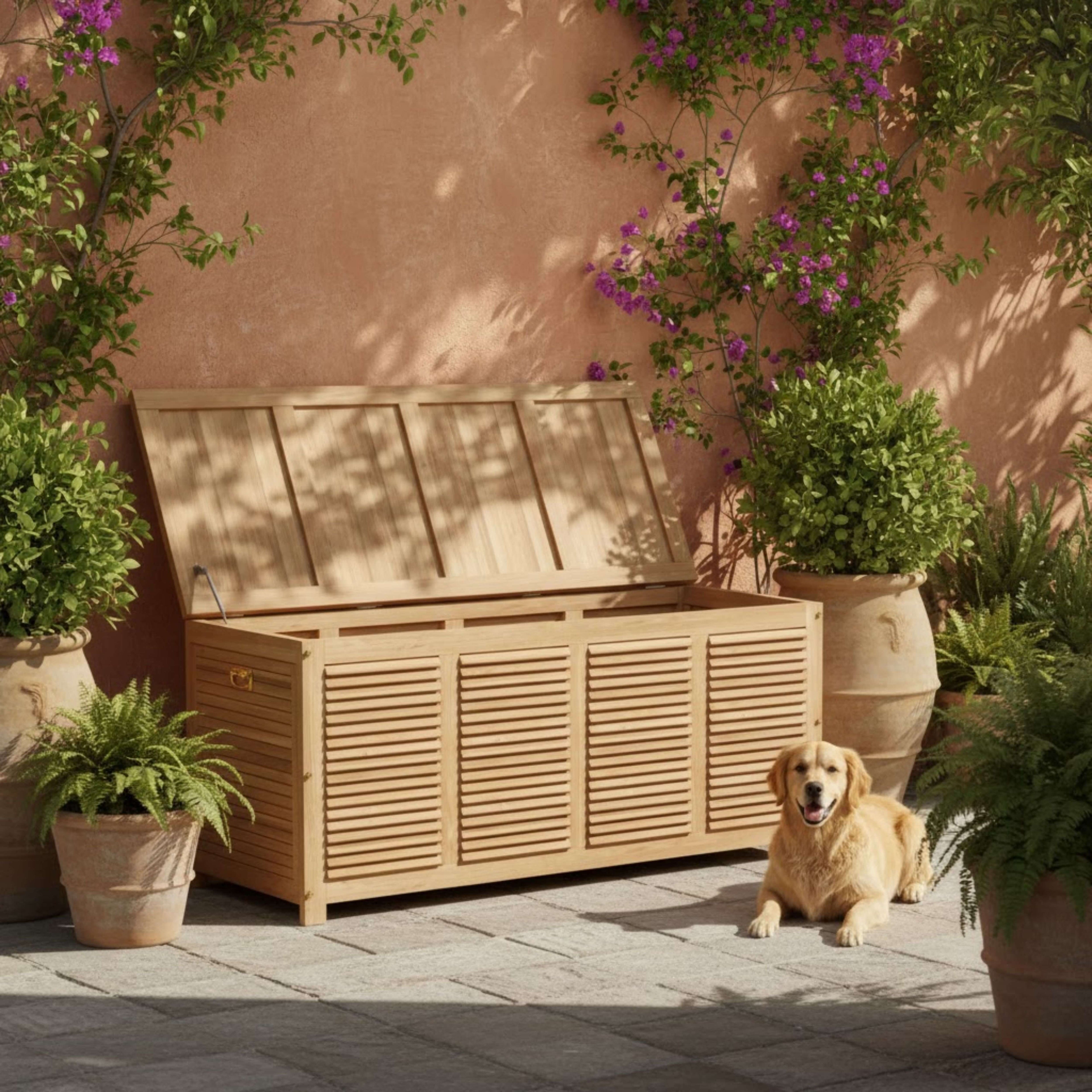 Amberly teak storage box with open lid on a garden patio beside flowering plants and a dog