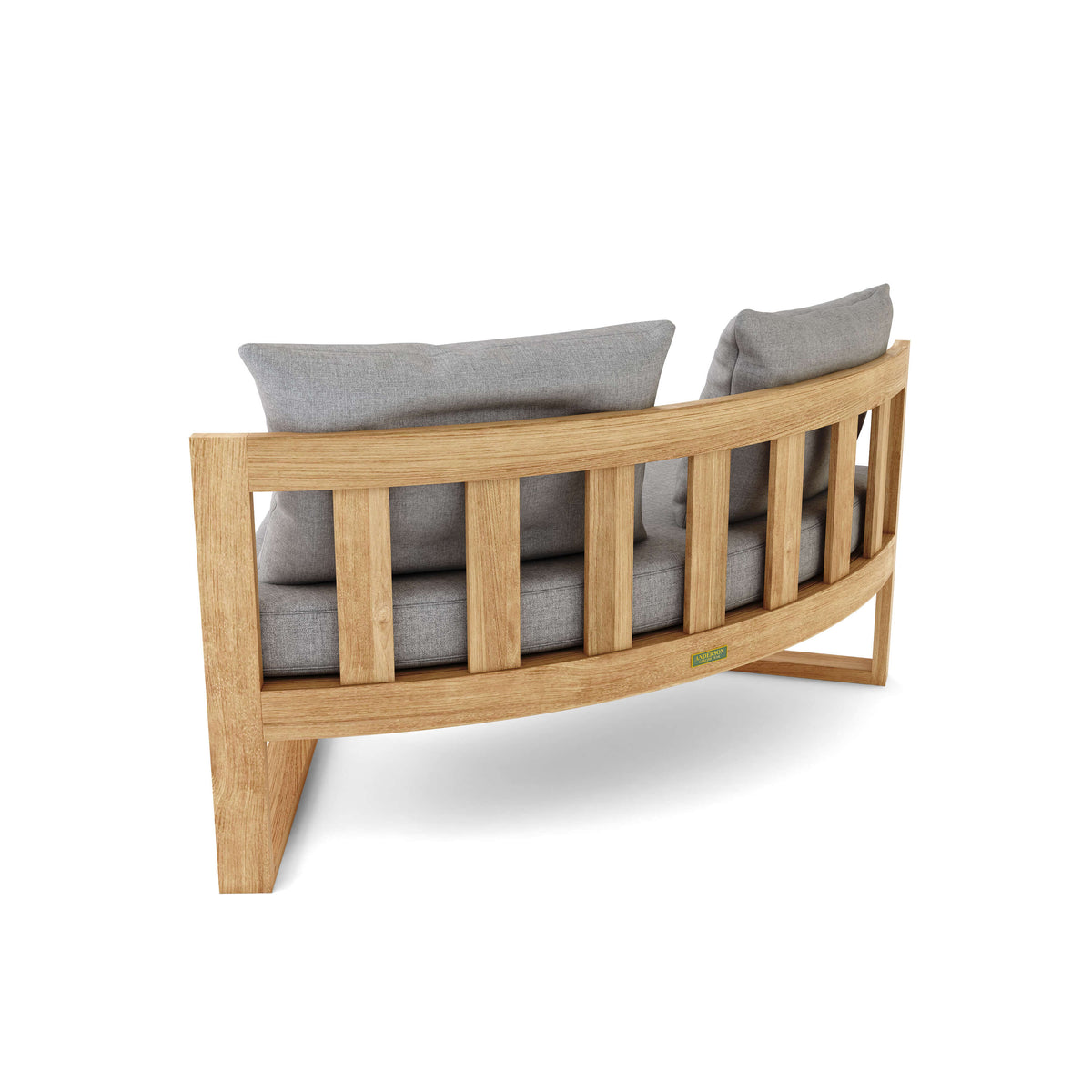 Rear view of a curved teak outdoor sofa section with gray cushions and vertical slats.