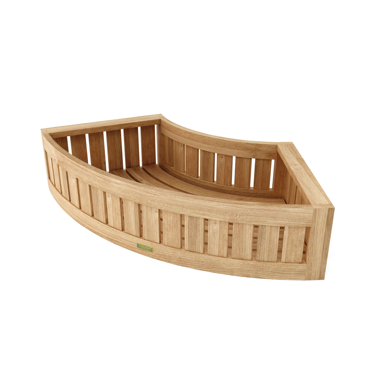 Angled view of a curved teak outdoor planter with a slatted front.