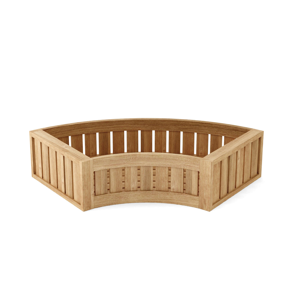 Front view of the curved teak planter used with a circular conversation set.
