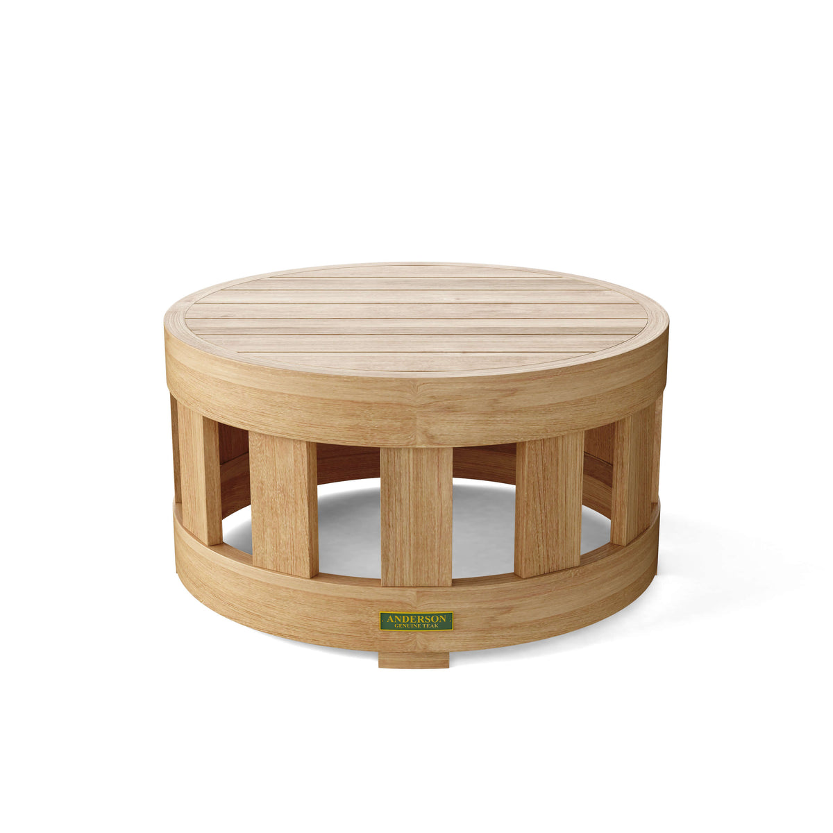 Round teak outdoor coffee table with a slatted top and open slatted base.