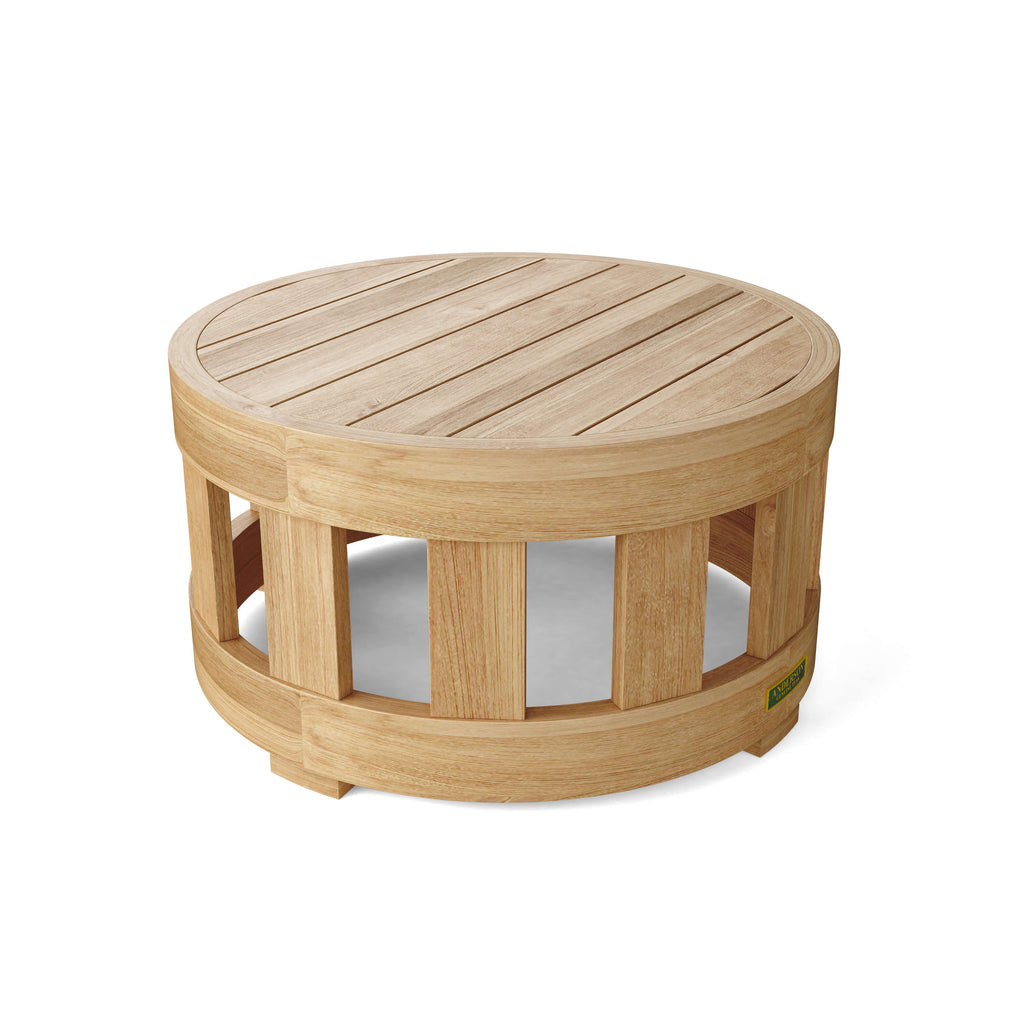 Top angled view of a round teak outdoor coffee table from the circular conversation set.