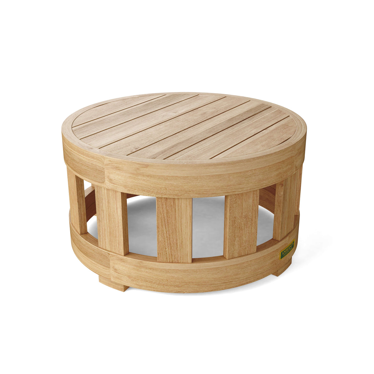 Top angled view of a round teak outdoor coffee table from the circular conversation set.