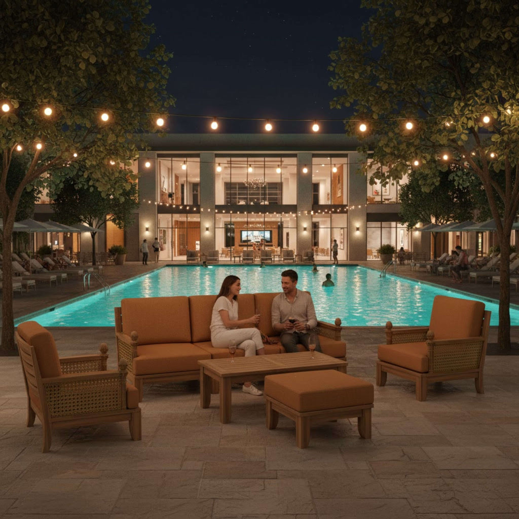 Luxe modular teak outdoor sectional with cushions