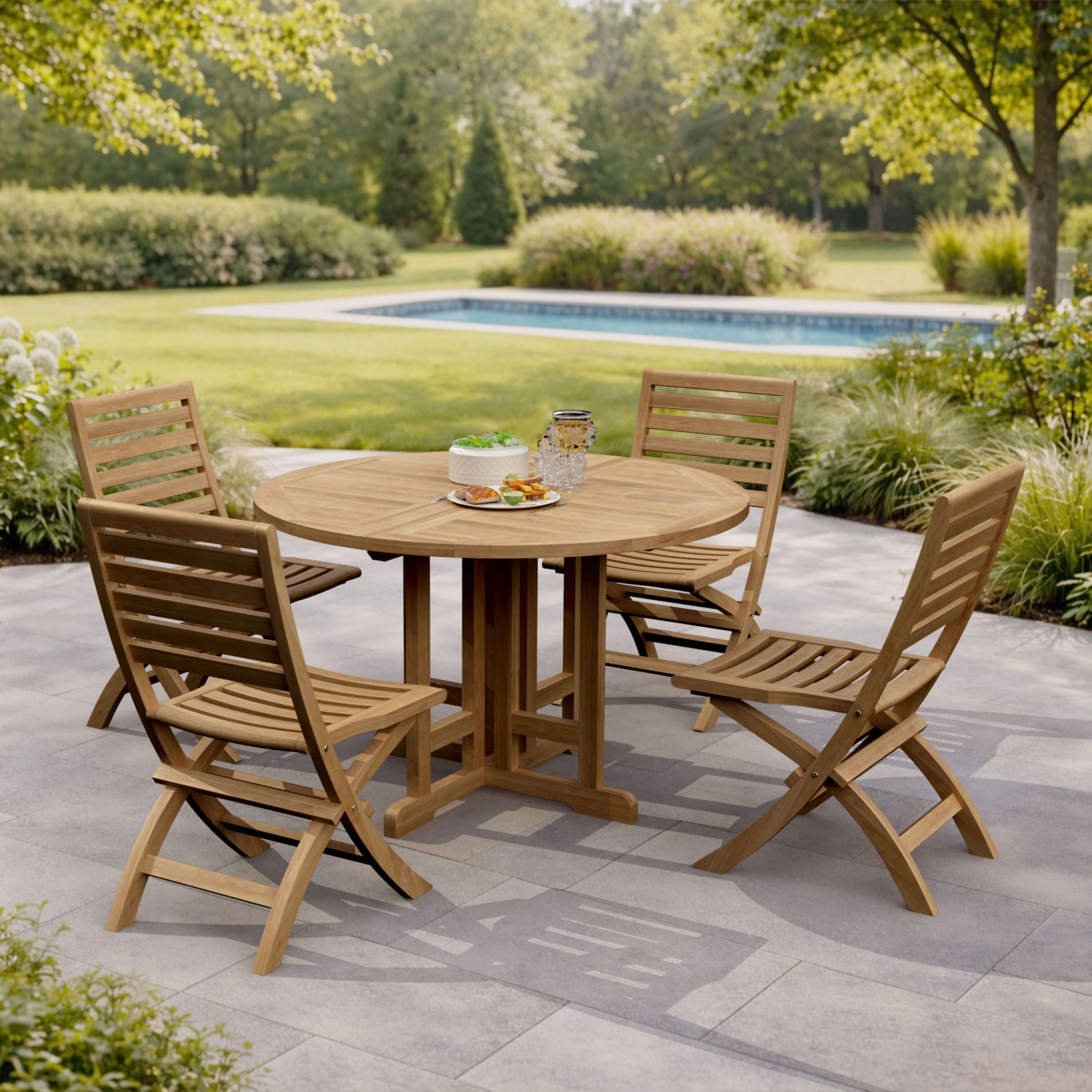 Andrew Butterfly five-piece teak dining set with round folding table and four chairs