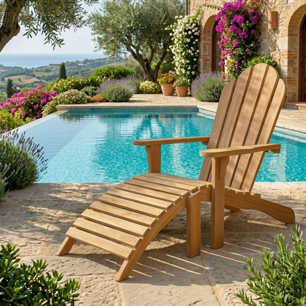 Teak Adirondack chair with matching ottoman, poolside