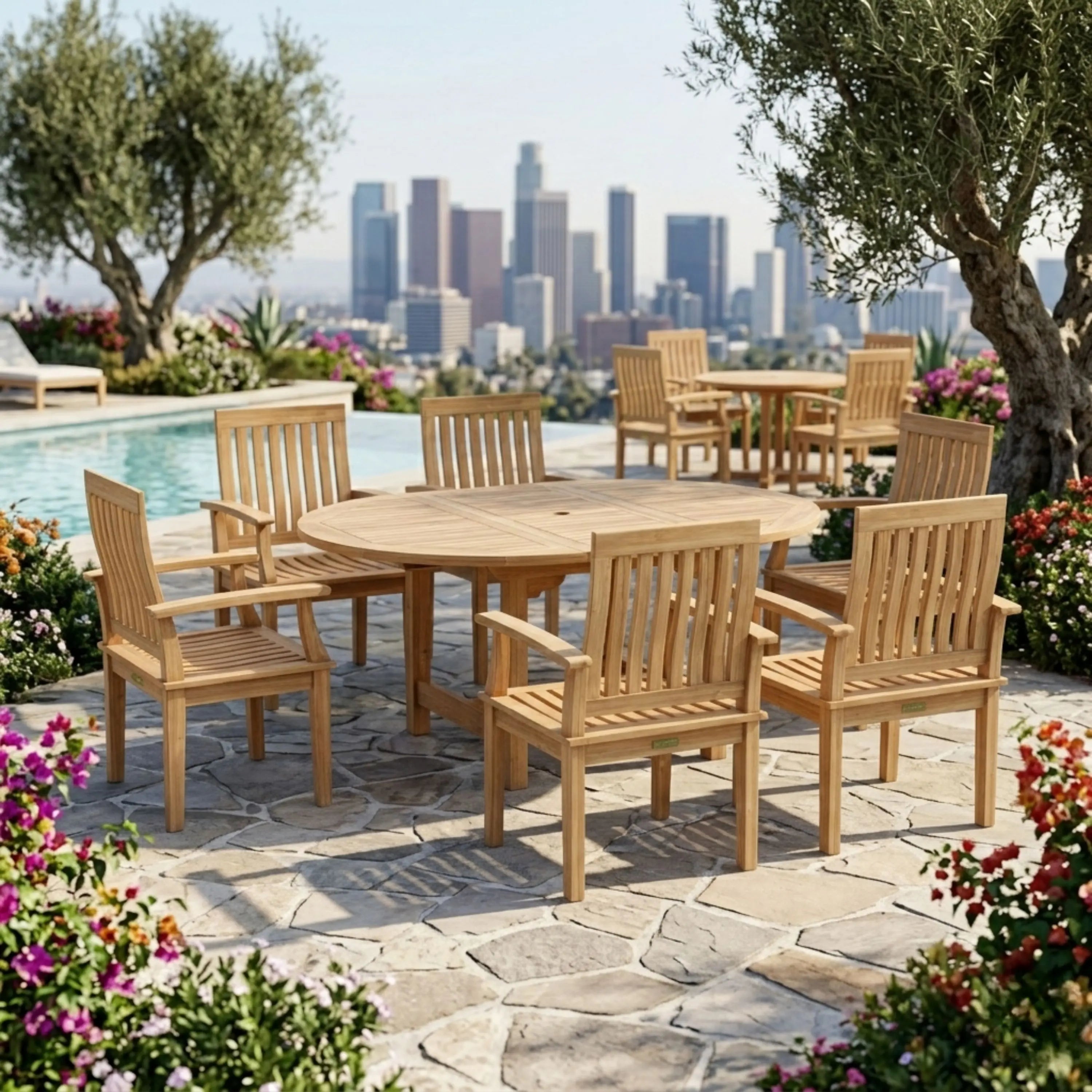 Bahama 67-inch oval extension table with six Brianna armchairs, natural teak finish, outdoor patio setting
