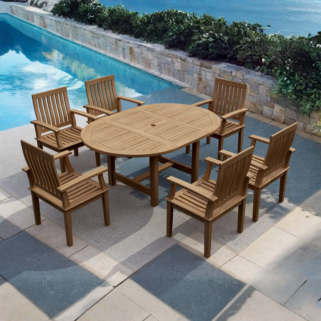 Bahama Brianna 7-piece teak dining set arranged on a patio beside a pool