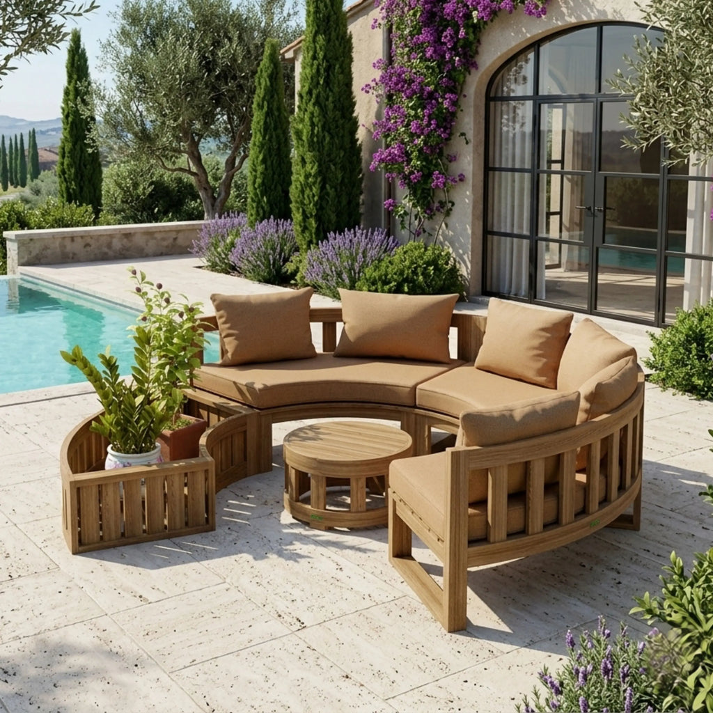 Circular Modular Teak Deep Seating Set — 6 Seats, Planter + Coffee Table