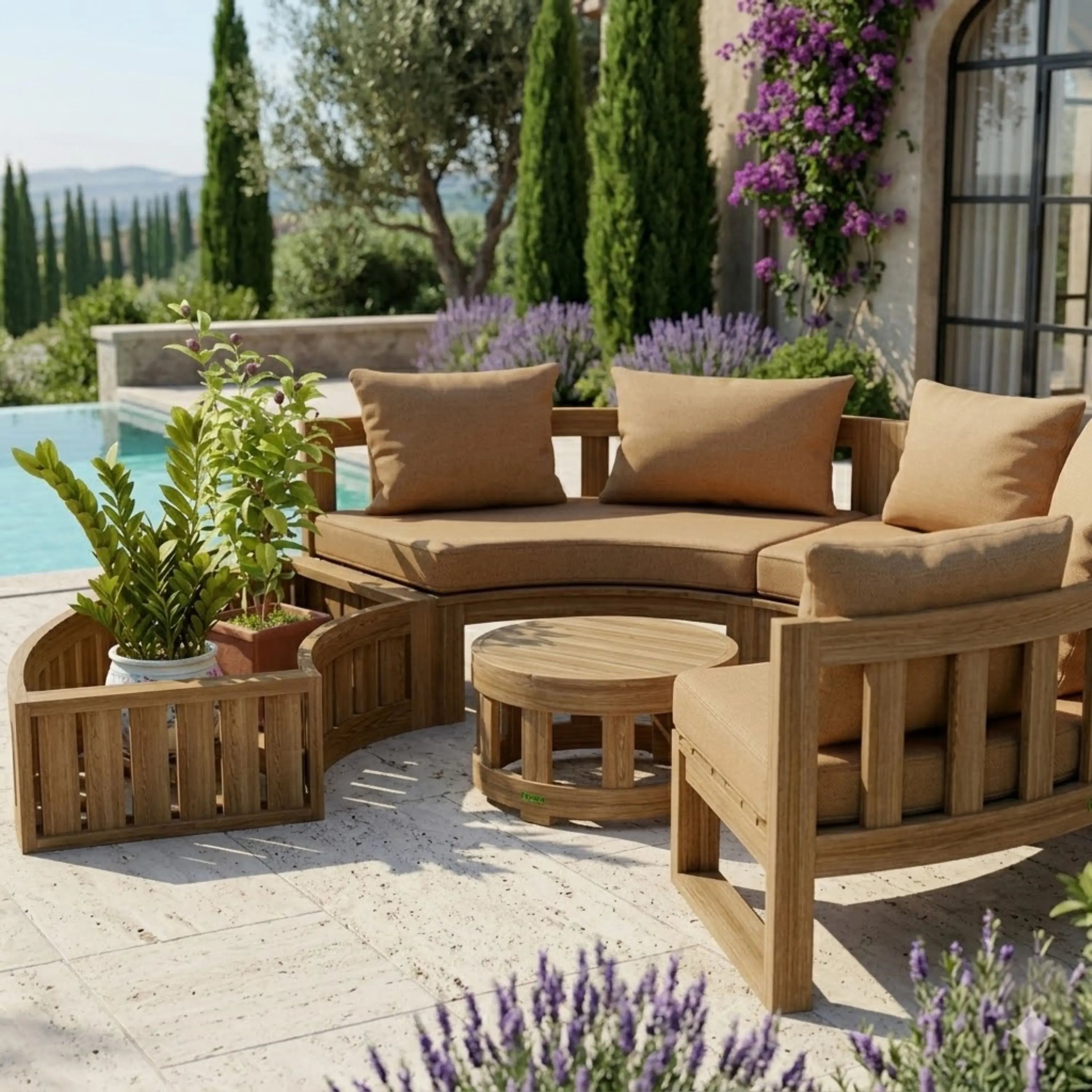 Circular Modular Teak Deep Seating Set — 6 Seats, Planter + Coffee Table