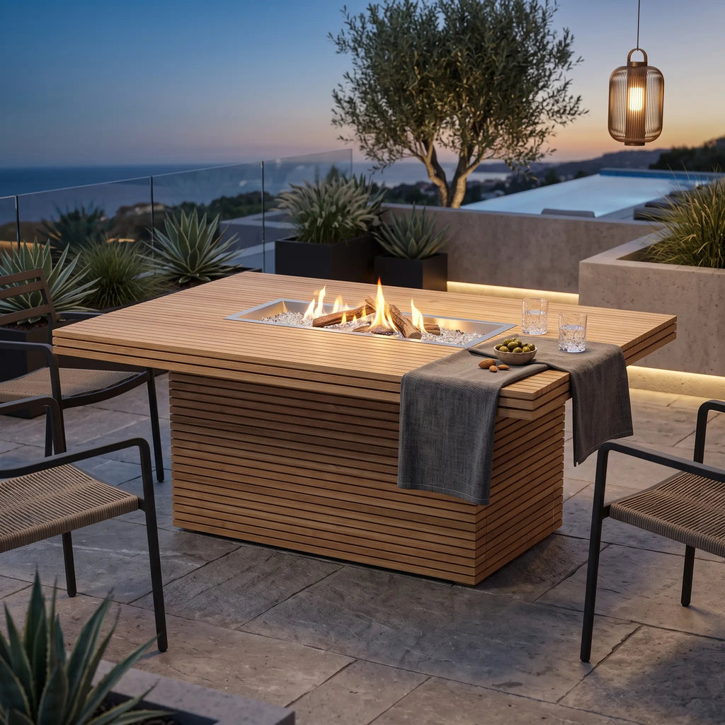 Teak fire table with flames in a sunset terrace setting, surrounded by dining chairs.