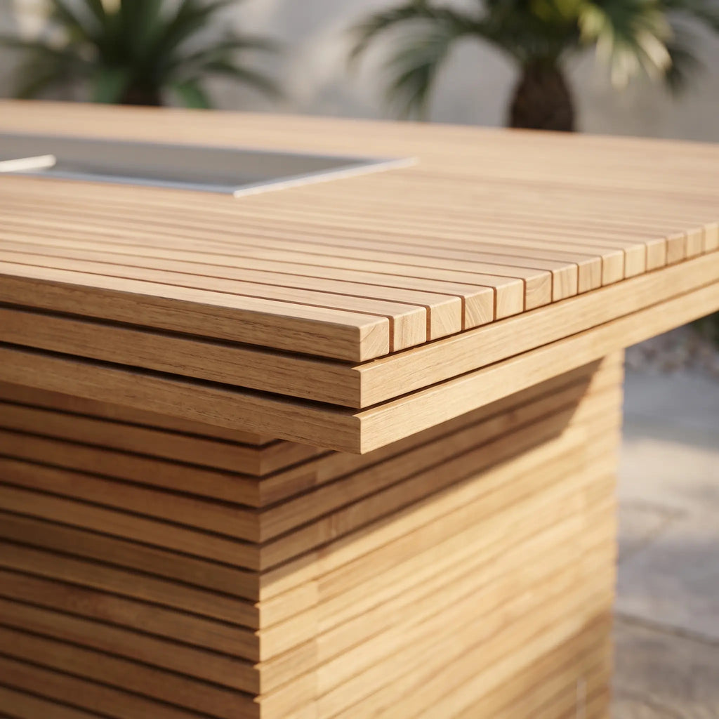 Close-up of the Louvre table's slatted teak top, wood grain and layered corner edge.