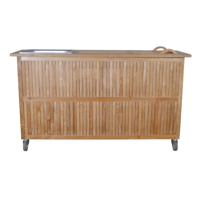 Safari mobile teak outdoor bar station, customer-facing slatted side — Anderson Teak TB-6620BT