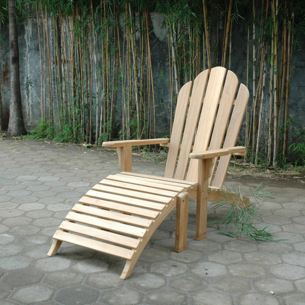 Teak Adirondack chair with matching ottoman, side view
