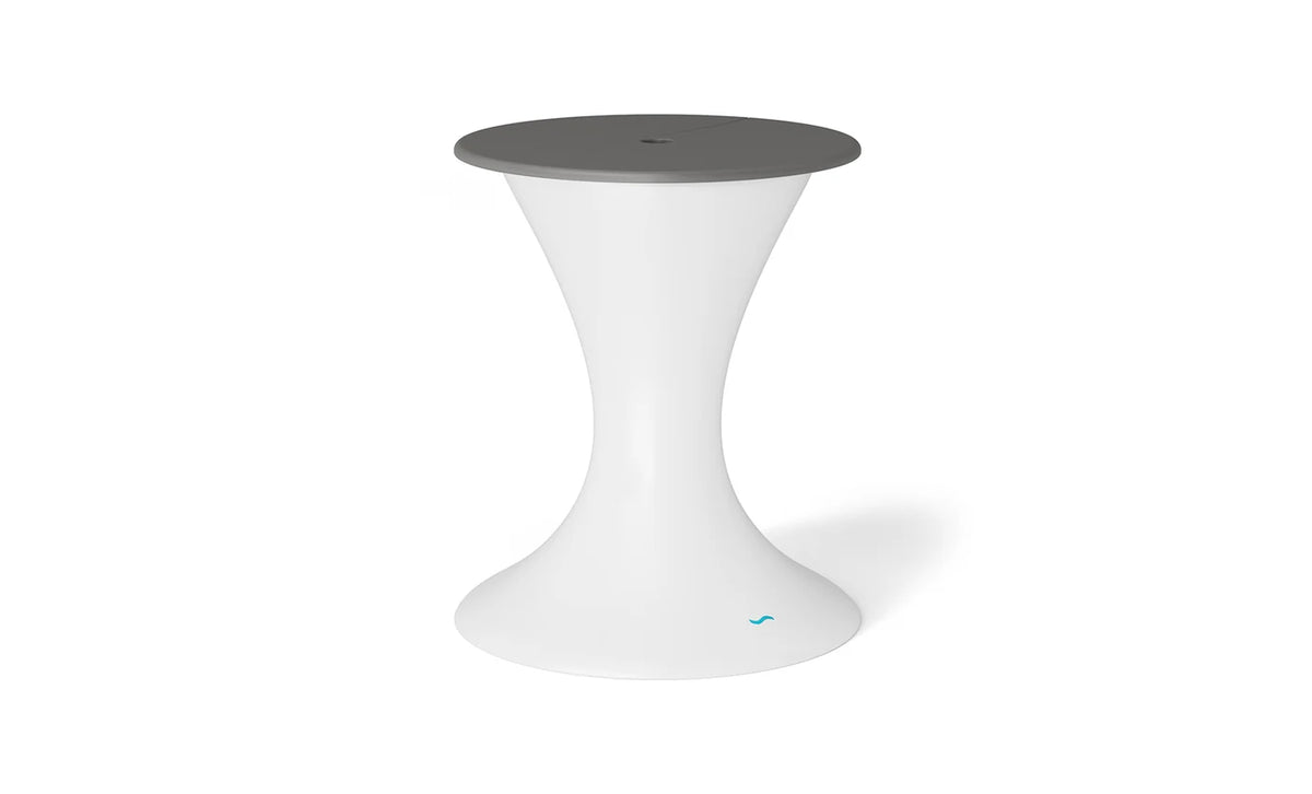 White pedestal in-pool umbrella stand with an ice bin and dark gray lid.