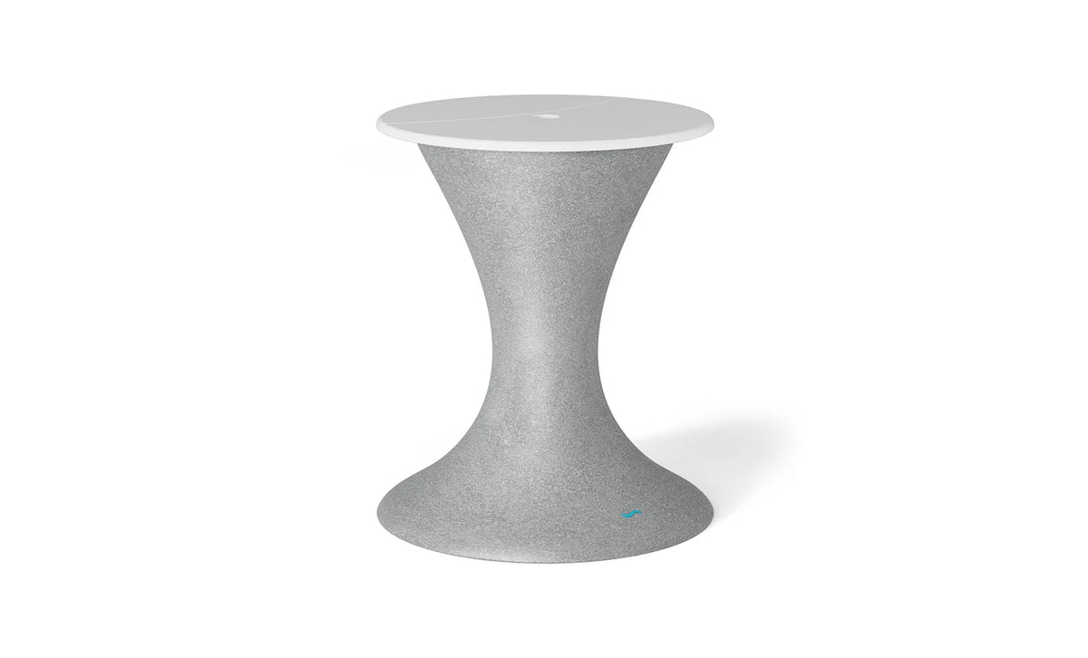 Speckled gray pedestal in-pool umbrella stand with an ice bin and white lid.