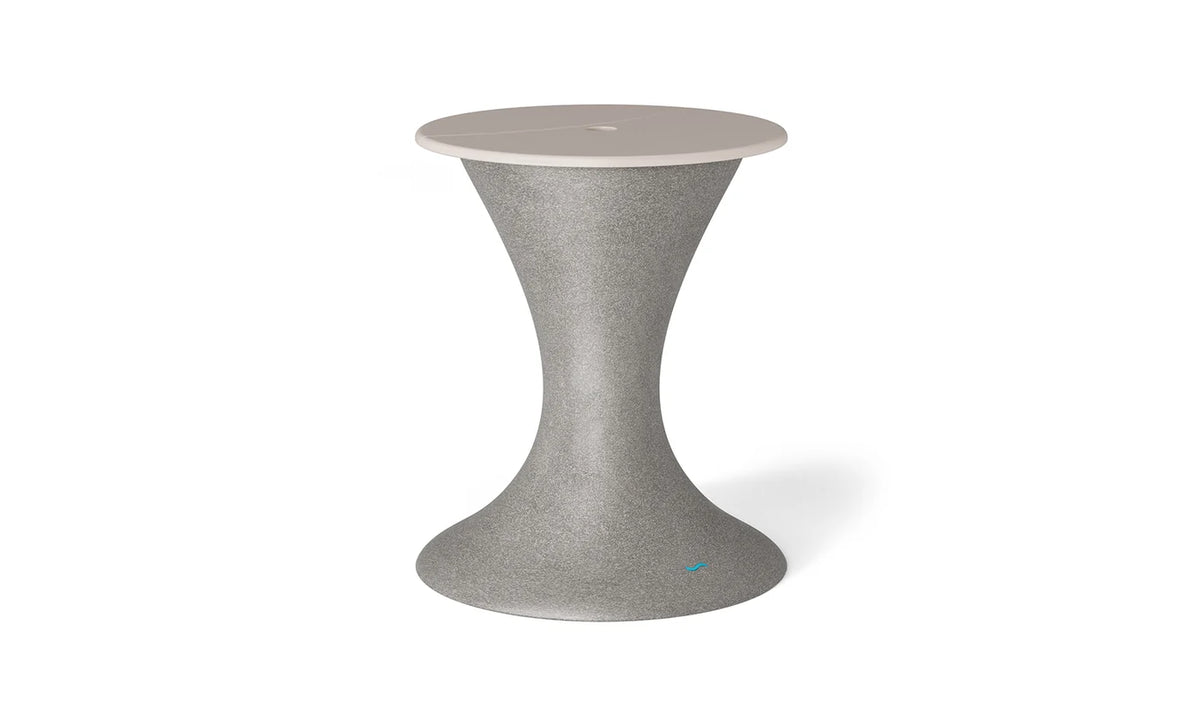 Speckled tan pedestal in-pool umbrella stand with an ice bin and beige lid.