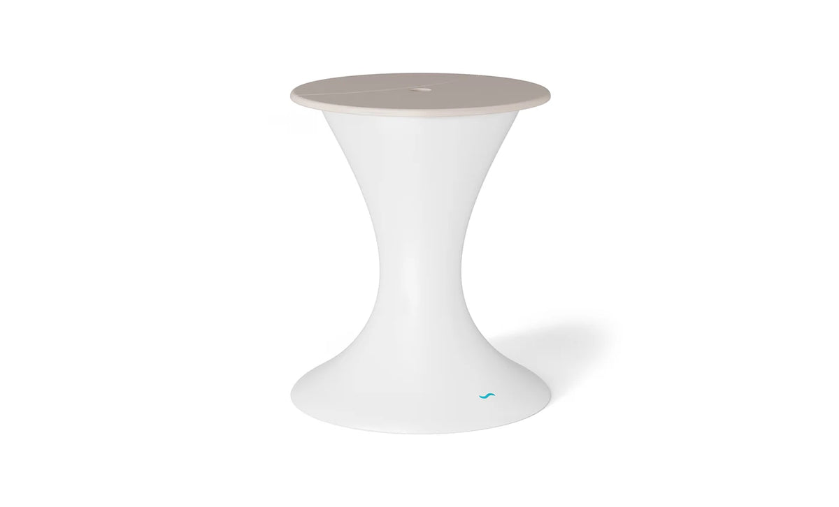 White pedestal in-pool umbrella stand with an ice bin and beige lid.