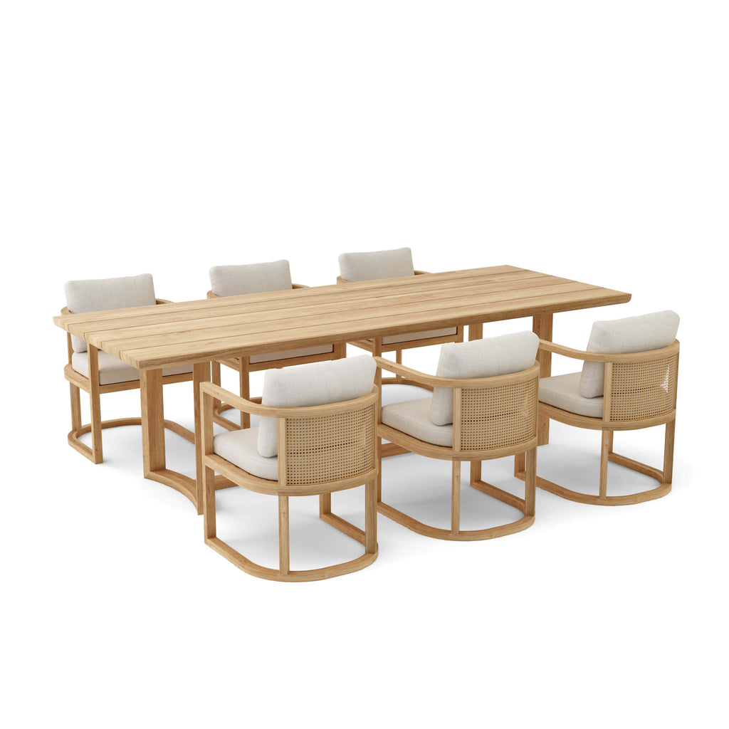 Junus seven-piece teak and wicker outdoor dining set with six cushioned armchairs
