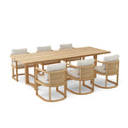 Junus seven-piece teak and wicker outdoor dining set with six cushioned armchairs