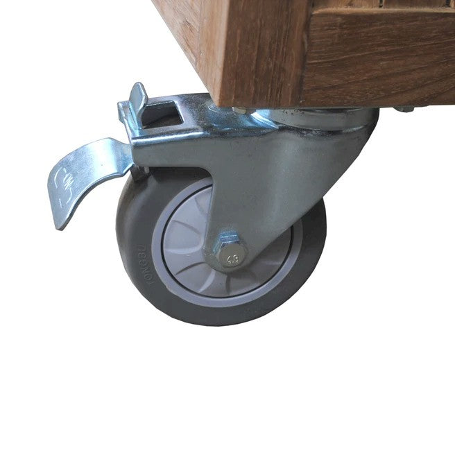 Locking caster wheel detail on Safari mobile teak outdoor bar station — Anderson Teak TB-6620BT